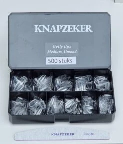 Knapzeker Gelly Tips Medium Almond 500 Stuks 12 Maten - Plaknagels Met Lijm In Doos + Knapzeker Nagelvijl 100/180 - Transparant Nageltips Full Cover Voor Acryl - Gel Nails- Nepnagels Soak Off -Bekende Cosmetica Winkel 1025x1200