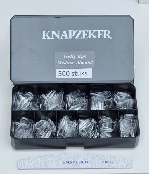 Knapzeker Gelly Tips Medium Almond 500 Stuks 12 Maten - Plaknagels Met Lijm In Doos + Knapzeker Nagelvijl 100/180 - Transparant Nageltips Full Cover Voor Acryl - Gel Nails- Nepnagels Soak Off -Bekende Cosmetica Winkel