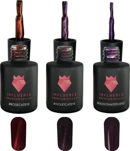 Merkloos #PASSIONATESERIE - Influence Gellac - Gellak - Gellak UV - UV Gellak - Gel Nagellak - Paars - Rood - Cat Eye - Startersset - Kado Vrouw - Valentijns Cadeau - Kado Voor Haar - 3 X 10 Ml - Inclusief Magneet -Bekende Cosmetica Winkel