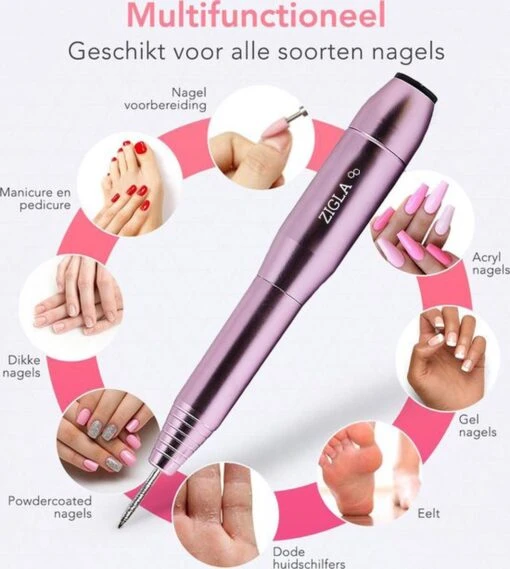 Zigla – Elektrische Nagelvijl - Nagelfrees- Manicure En Pedicure Set - 6 Schuurrolletjes - 11 Opzetstukken - Rosé/Goud - Vernieuwd -Bekende Cosmetica Winkel