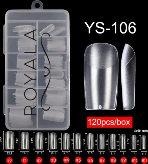 Royala 106 - Square / T Shaped Binnen En Buiten Full Frosted - Full Cover - Nageltips - Nepnagels - Plaknagels - In Assortimentsbox - 120 Stuks 12 Maten - Voor Gellak Acrylnagellak En PolyGel Nagels - Royala Frosted Tips Line -Bekende Cosmetica Winkel 1089x1200 3