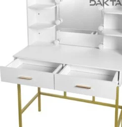 Dakta ® Luxe Make-Up Tafel Met Spiegel Met Verlichting | 2 Lades | Wit En Goud | Kaptafel -Bekende Cosmetica Winkel 1155x1200 5