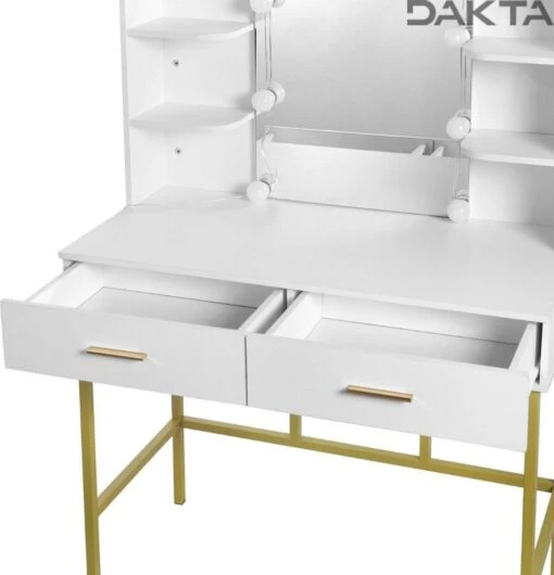 Dakta ® Luxe Make-Up Tafel Met Spiegel Met Verlichting | 2 Lades | Wit En Goud | Kaptafel -Bekende Cosmetica Winkel 1155x1200 5