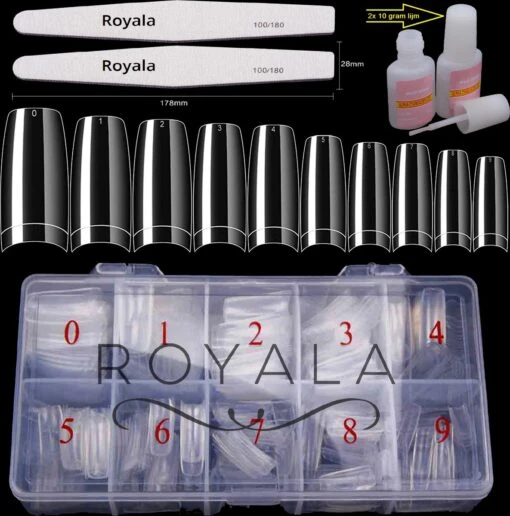 Royala Nagel Tips French 500 Stuks + 2x 10 Gram Nagellijm + 2x Nagelvijl 100/180 Grit - Kunstnagel Set - NepNagels Tips - Transparant / Clear / Helder - Acryl En Gel In Tipbox -Bekende Cosmetica Winkel 1185x1200 3