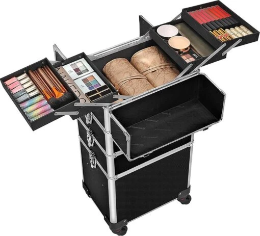 XXL PRO Visagie Beauty Case Koffer Trolley - Nagelkoffer Op Wielen Voor Makeup Of Cosmetica - Grote Uitklapbare Opbergsysteem Nagel Styliste Kapster - Zwart -Bekende Cosmetica Winkel 1200x1090 8