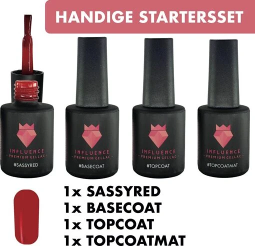 Merkloos #SASSYREDSERIE - Influence Gellac - Rode Gellak - Gellak Rood UV - UV Gellak - Gel Nagellak - Basecoat - Topcoat - Topcoatmat - No Wipe - Startersset - Kado Vrouw - Valentijns Cadeau - Kado Voor Haar - 4 X 10 Ml -Bekende Cosmetica Winkel 1200x1158 1