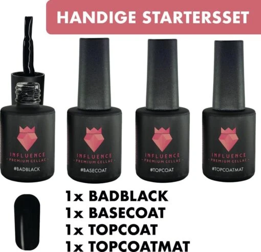 #BADBLACKSERIE - Influence Gellac - Zwarte Gellak - Gellak Zwart UV - UV Gellak - Gel Nagellak - Basecoat - Topcoat - Topcoatmat - No Wipe - Startersset - Kado Vrouw - Valentijns Cadeau - Kado Voor Haar - 4 X 10 Ml -Bekende Cosmetica Winkel 1200x1158 5