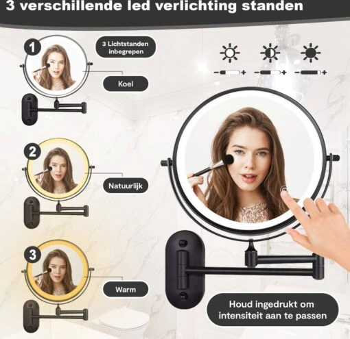 Make Up - Spiegel - Led Verlichting - 10X Vergroting - 3 Lichtstanden - Wandspiegel Rond - Badkamer - Mat Zwart - Draadloos -Bekende Cosmetica Winkel 1200x1165 54