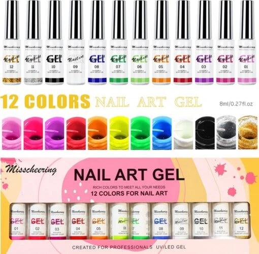 Nail Art Gel - Fine Liner Gel - 12 Stuks - UV/LED Gel - Gellak - Nagel Gellak - UV/LED Lamp - UV/LED Nageldroger - Gelnagels - Nepnagels - Acrylnagels - Tekenpenseel Nagels - Professioneel - Hoge Kwaliteit -Bekende Cosmetica Winkel