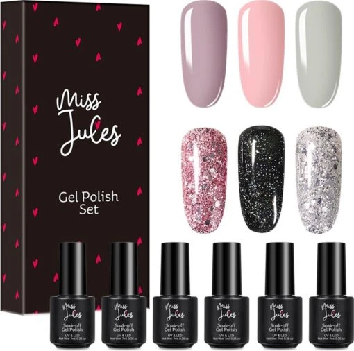 Miss Jules - 6-Delige Gellak Starterspakket - Nagellak - Kleur Grijs, Roze & Glitter - Glanzend & Dekkend Resultaat -Bekende Cosmetica Winkel