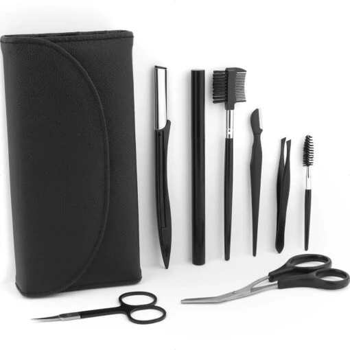 Wenkbrauw Trimmer Set - 8-delig – Met Epileer Pincet, 2x Wenkbrauw Schaartje, 2x Wenkbrauwmesje, Wenkbrauw Borstel, Wenkbrauwpotlood, Spoolie – In Stevige Etui - Zwart -Bekende Cosmetica Winkel 1200x1200 2539