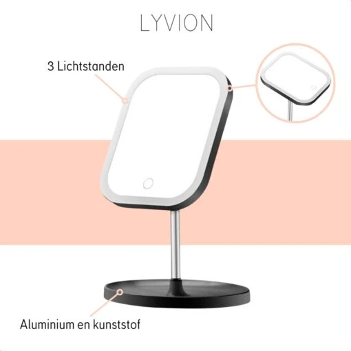 LYVION Make-up Spiegel Op Standaard Met LED / Met 3 Lichtkleuren / Make-up Spiegel / Make-up Standaard / Werkt Op 4 AAA-batterijen Of Micro USB Kabel / Touch - Zwart -Bekende Cosmetica Winkel 1200x1200 2902