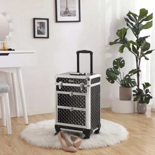 Hoppa! Cosmetic Case Trolley, Professionele Make-up Case, Kapperskoffer Met 4 Uitneembare Universele Wielen, Make-up Case, Top Met 3 Uittrekbare Compartimenten, Laden, Voor Op Reis, Zwart -Bekende Cosmetica Winkel 1200x1200 3032