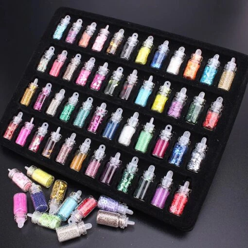 48 Potjes Glitter / Decoratie Voor Nail Art / Knutselen - Sparkolia Glitters Nagel Decoratie Set- 3D Nail Art Voor Gellak, Acryl Of Nagellak - Glitter, Poeder, Holografisch, Vlokken, Pailletten, Shimmer, Rhinestone - Verschillende Kleuren -Bekende Cosmetica Winkel 1200x1200 533