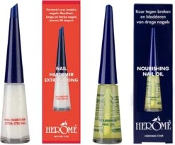 Herome Combi-Pack Nagelverharder Extra Sterk En Base Coat - Nagelversterker - Met Voedende Nagelolie - Herstelt Droge, Breekbare Nagels - Verhelpt Zwakke En Gevoelige Nagels (Nail Hardener Extra Strong & Nourishing Nail Oil) - 2*10ml. -Bekende Cosmetica Winkel 1200x996