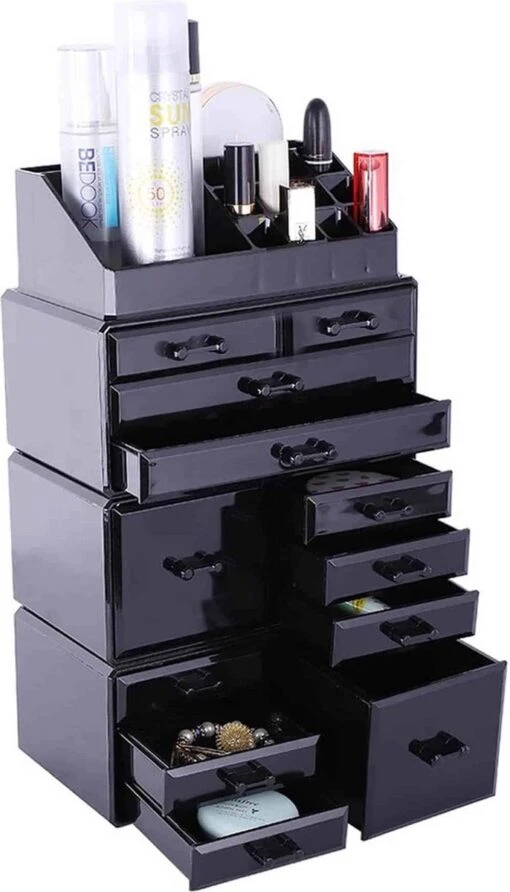 Confibel XXL Acryl Make-up Cosmetica Organizer - Verstelbare Lades - Sieraden/Make-up/Cosmetica Organizer - 11 Compartimenten - Zwart -Bekende Cosmetica Winkel 686x1200 1