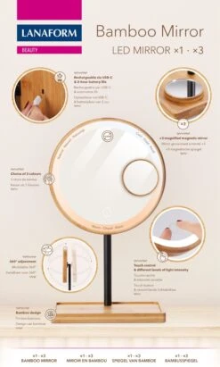 Lanaform - Bamboo Mirror - Oplaadbare Staande Spiegel ×1 · ×3 - Elegant Design Van Bamboe Met Zwarte Poedercoatingafwerking - Ledlampen Met Lange Levensduur -Bekende Cosmetica Winkel 722x1200 9