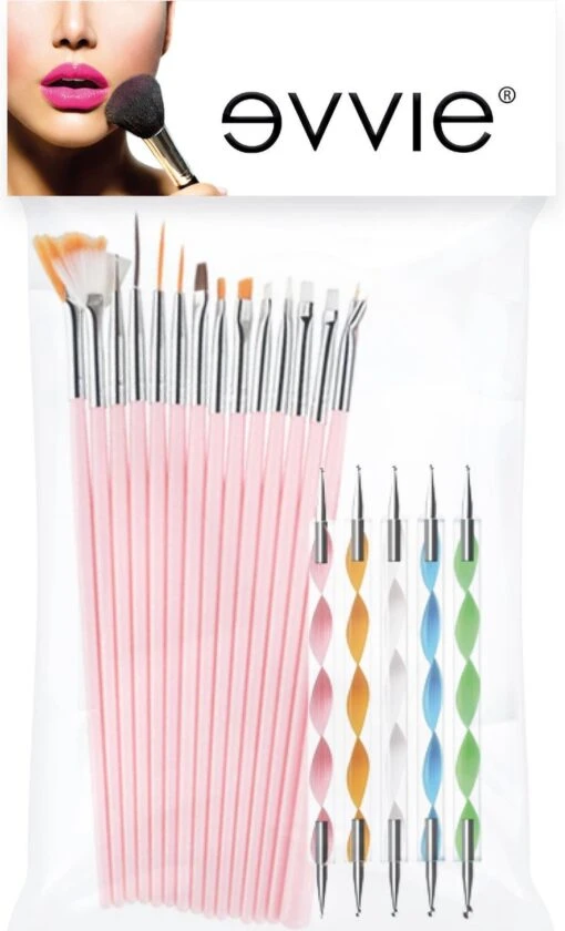 Evvie 20 Delige Nail Art Set - 15 Nailart Penselen En 5 Dotting Tools - Roze -Bekende Cosmetica Winkel