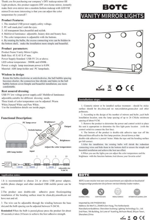 BOTC Hollywood Spiegellampen - 10 Led Spiegellampen Met 3 Lichtmodi En 10 Dimfunctie Voor Make-upspiegel - LUB90101 -Bekende Cosmetica Winkel 817x1200 8