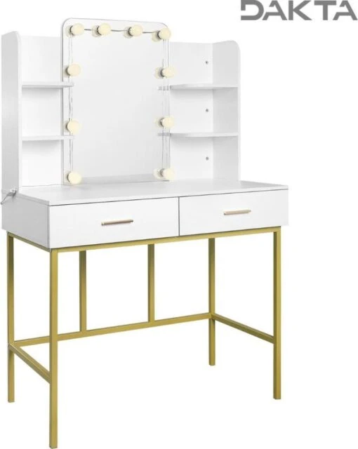 Dakta ® Luxe Make-Up Tafel Met Spiegel Met Verlichting | 2 Lades | Wit En Goud | Kaptafel -Bekende Cosmetica Winkel 956x1200 6