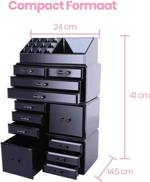 Confibel XXL Acryl Make-up Cosmetica Organizer - Verstelbare Lades - Sieraden/Make-up/Cosmetica Organizer - 11 Compartimenten - Zwart -Bekende Cosmetica Winkel 991x1200 4